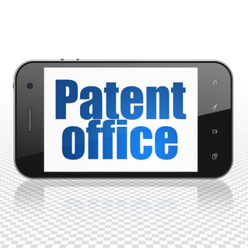 Law concept: Smartphone with  blue text Patent Office on display,  Tag Cloud background, 3D rendering