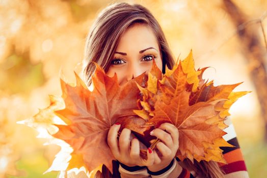 Cute young woman enjoying in sunny forest in autumn colors. She is holding many leaves and looking at camera behind leaves.