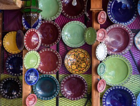 Traditional arabic handcrafted, colorful decorated plates.