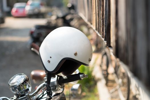 helmet on motorcycle with depth of field.