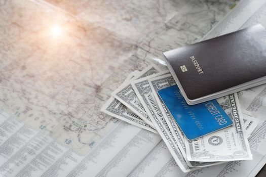 above International travel concept. Passport, money, credit card and map vintage tone