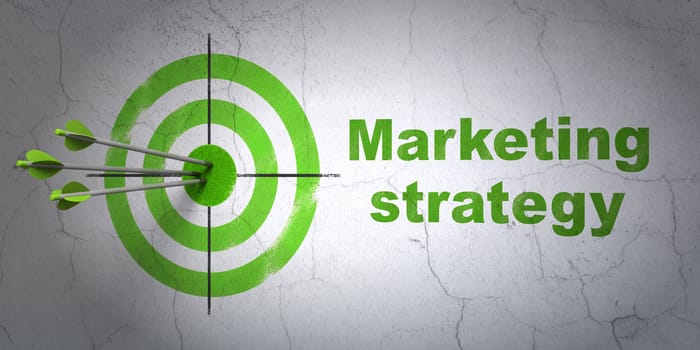 Success advertising concept: arrows hitting the center of target, Green Marketing Strategy on wall background, 3D rendering