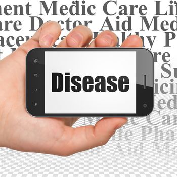 Healthcare concept: Hand Holding Smartphone with  black text Disease on display,  Tag Cloud background, 3D rendering