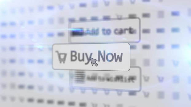 Simplistic 3D illustration of a functioning internet shop with such inscriptions as add to cart, buy now, add to wishlist located on three icons in a white background with dots