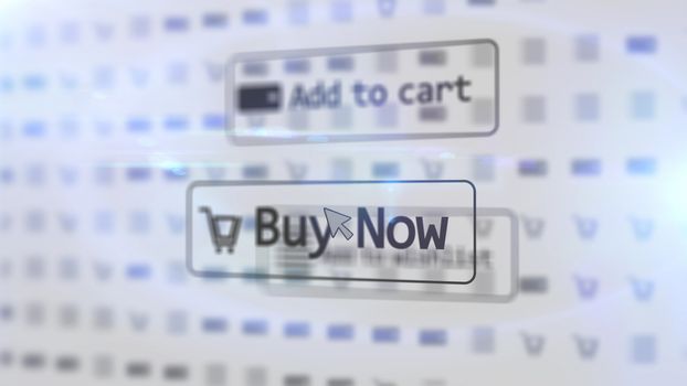 Blurred 3D rendering of some internet shop screen with such inscriptions as add to cart, buy now, and one arrow located on two icons in a white background with numerous dots