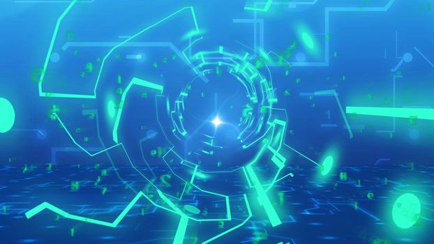 Futuristic 3D illustration of a hi-tech cyberspace circuit board with bright blue funnel lines, a flat floor surface, covered with lot of computer graphic lines, and dark blue background.