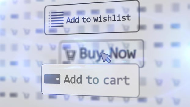Splendid 3D illustration of a functioning white internet shop screen with such inscriptions as add to cart, buy now, add to wishlist and one arrow located on three icons with dots