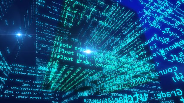 Futuristic and innovative 3D illustration of the hi-tech cyberspace with flying digits, formulars, lines, and inscriptions float, grade and cost in the dark blue background