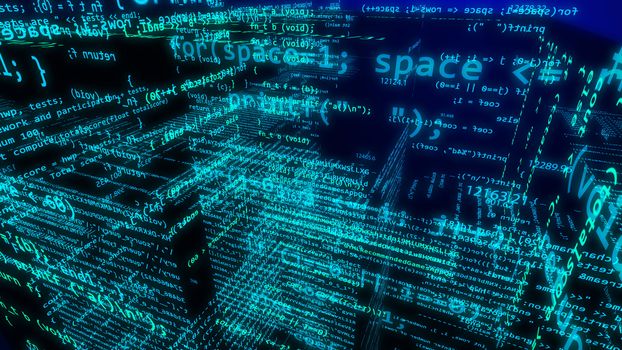 Hi-tech 3D rendering of some digital cyberspace with several surfaces covered with light blue lines, numerous digits, inscriprion space in the dark blue background