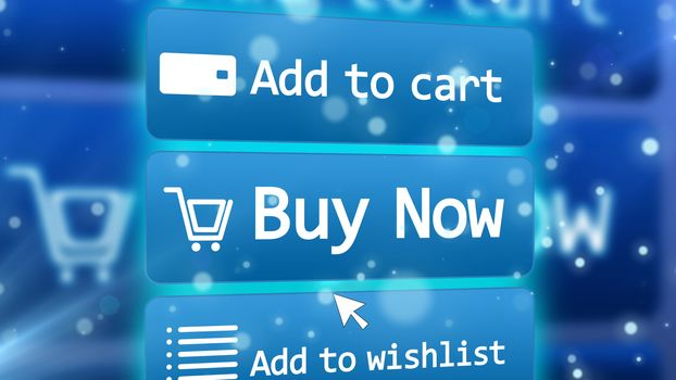 Hi-tech 3D illustration of ultramodern internet shop with such options as add to cart, buy now, add to wishlist placed on three icons on a light blue background with basket signs