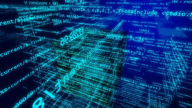 Hi-tech 3D rendering of the ultramodern cyberspace with flying digits, mathematic formulars, and inscriptions current and include. It looks impressive and futuristic