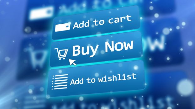 Futuristic 3D rendering of avant-garde internet shop with such options as add to cart, buy now, add to wishlist placed on three icons from an oblique perspective on a blue background