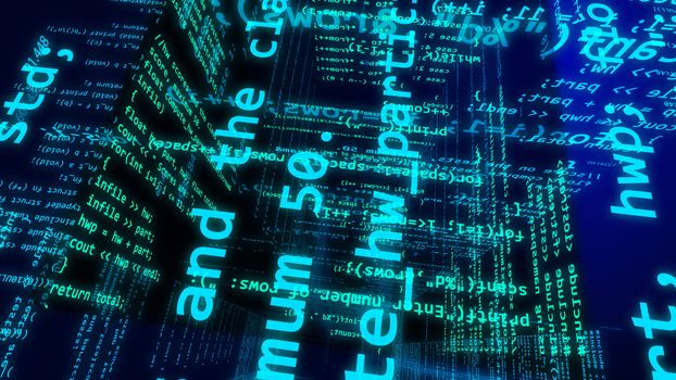 Hi-tech 3D rendering of some digita cyberspace with a lot of surfaces covered with light blue lines, numerous numbers, inscriprion and and the in the bright blue background