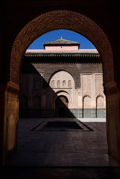 The Ali Ben Youssef Madrasa in Marrakesh, Morocco is former Islamic college and famous landmark.