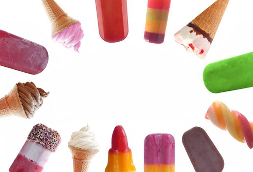 Assorted icecream and frozen lollies over a white background with space 