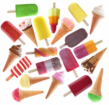Flat lay view of many icecream, ice lollies and popsicles as a collection over a white background