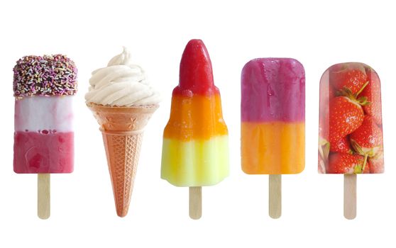 Five assorted icecream and frozen lollies over a white background