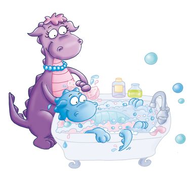 The little dragon drinks the baby bottle on the moon