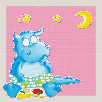 The little dragon with moon and stars reads a book