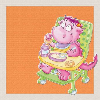 The little dragon eats, the baby is highchair