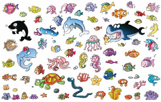 Fish, sea animals, octopus, jellyfish,
Orc, dolphins, crustaceans, shells
Whale, icons, crustacean, fish,
Dolphins, turtles, fish, marine animals,