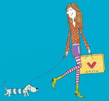 Girl walking with bassin dog and a bag of clothes,