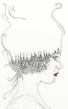 Of profile, with trees having hair