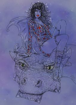 Vampire woman riding a dragon,