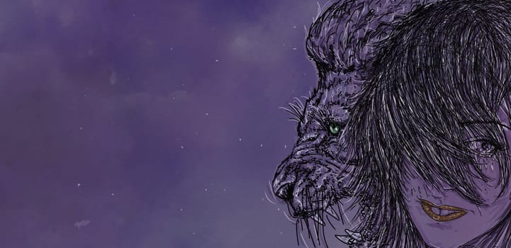 portrait of a woman crying, with lion, night background with stars, banner