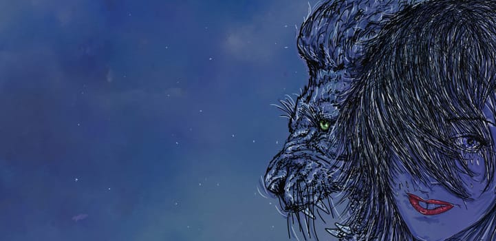 portrait of a woman crying, with lion, night background with stars, banner