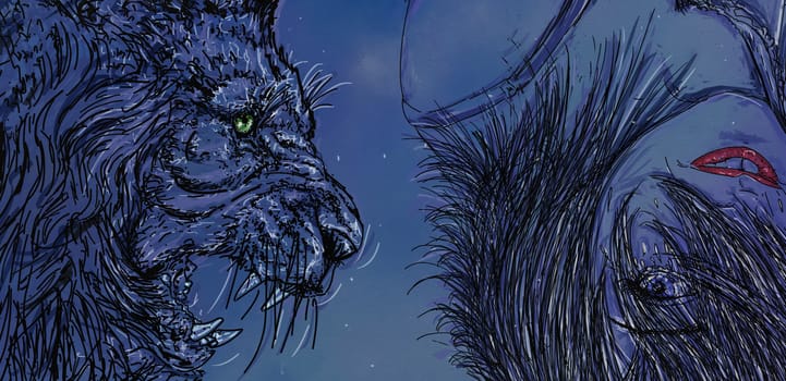 portrait of a woman crying, with lion, night background with stars, banner