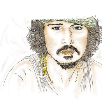 Boy with bandana mustache and picnic- Artistic silk screen of Johnny Depp, actor, Director and musician,