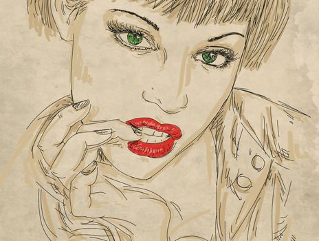 fashionable woman with lipstick and green eyes