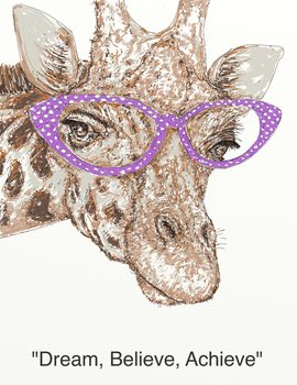 A giraffe with pink glasses