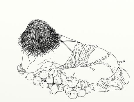 Erotic woman with lying down and lined with fruit