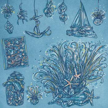 Disegni realistici dell'oggetto marino e dei pescatori Con una stella marina, le stelle e la bussola