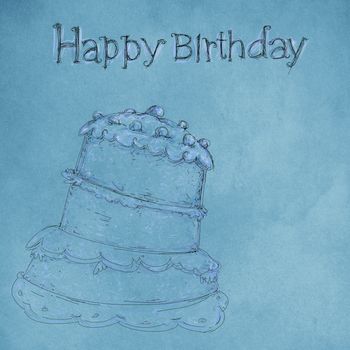 Una torta disegnata su sfondo colorato con la scrittura di compleanno
