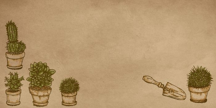 Disegni realistici al tratto di   piante, utensili da giardinaggio da giardino Con piante di cactus
