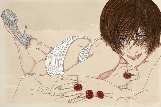 Portrait of a sexy girl,
She must have blue eyes, lying down,
Who eats cherries