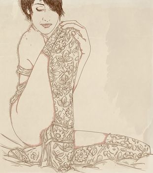 Portrait of sexy woman with short hair,
In lace stockings