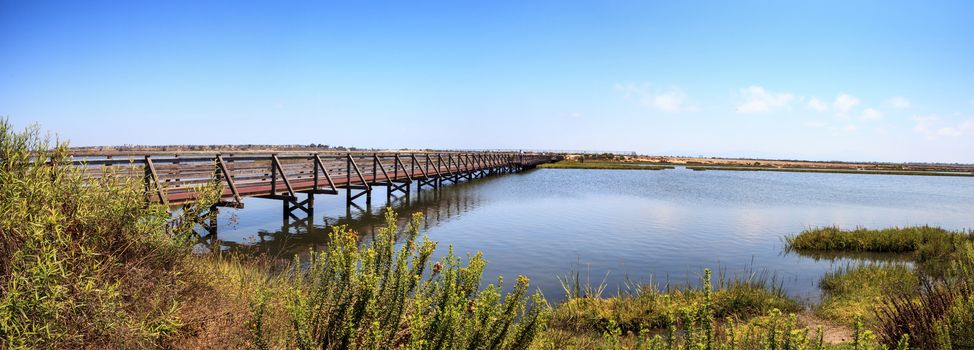 Bridge along the peaceful and tranquil marsh of Bolsa Chica wetlands in Huntington Beach, California, USA