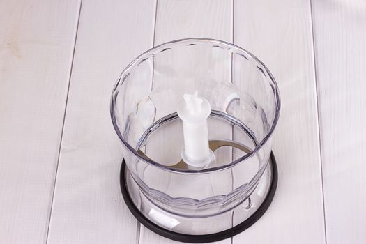 Plastic blender with steel knives, top view, on white background