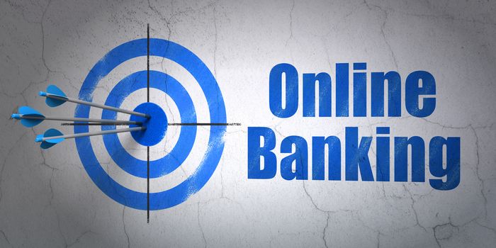 Success currency concept: arrows hitting the center of target, Blue Online Banking on wall background, 3D rendering