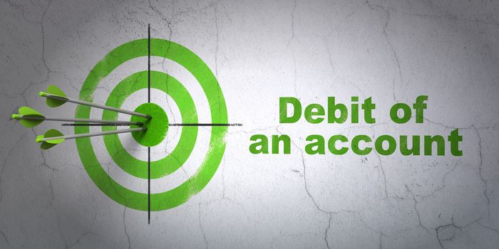 Success money concept: arrows hitting the center of target, Green Debit of An account on wall background, 3D rendering