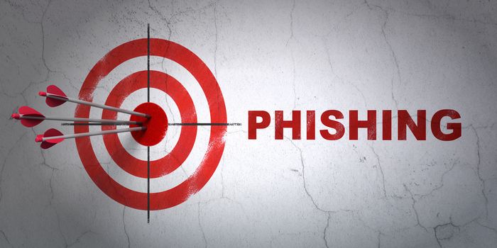 Success safety concept: arrows hitting the center of target, Red Phishing on wall background, 3D rendering