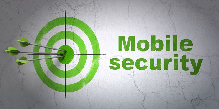 Success protection concept: arrows hitting the center of target, Green Mobile Security on wall background, 3D rendering