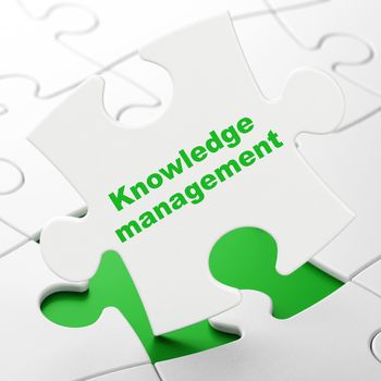 Studying concept: Knowledge Management on White puzzle pieces background, 3D rendering