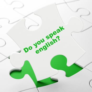 Learning concept: Do you speak English? on White puzzle pieces background, 3D rendering