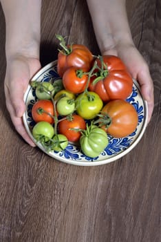 Fresh tomatoes in hands on wooden table