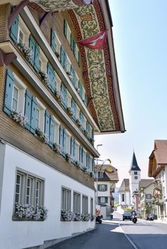 Hotel Drei Könige in Entlebuch Lucerna  Switzerland - 22 July 2017: facade of the Hotel Drei Könige building.